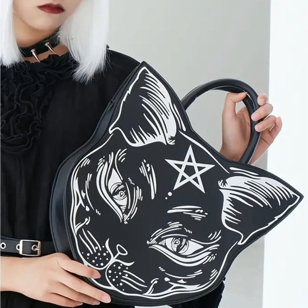 Casual Feline Gothic Purse/ Handbag- Cat Head Shaped Design, Punk Style - Picture 7 of 11
